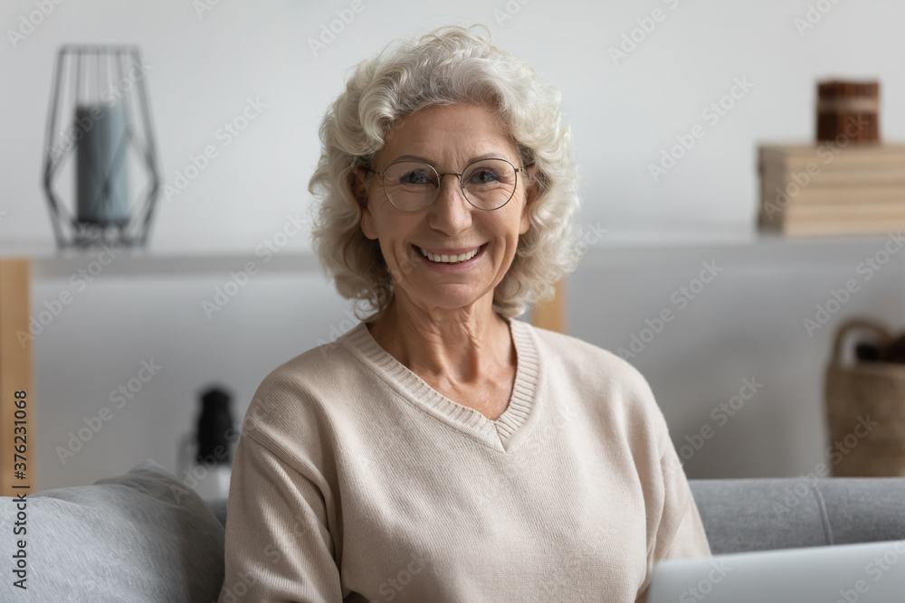 Head shot portrait smiling beautiful mature woman wearing glasses looking at camera, sitting on cozy couch at home, positive happy middle aged female posing for photo in living room Head shot portrait smiling beautiful mature woman wearing glasses looking at camera, sitting on cozy couch at home, positive happy middle aged female posing for photo in living room