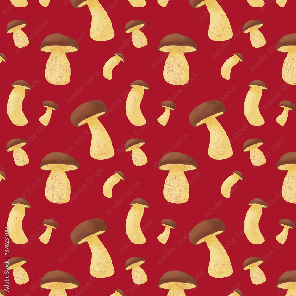 seamless pattern with porcini mushrooms on a red background