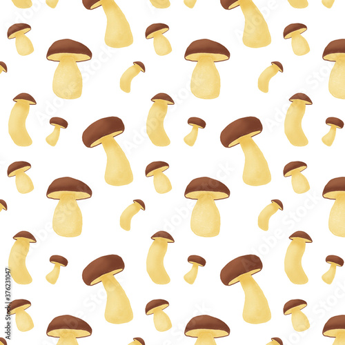 seamless pattern with porcini mushrooms on a white background