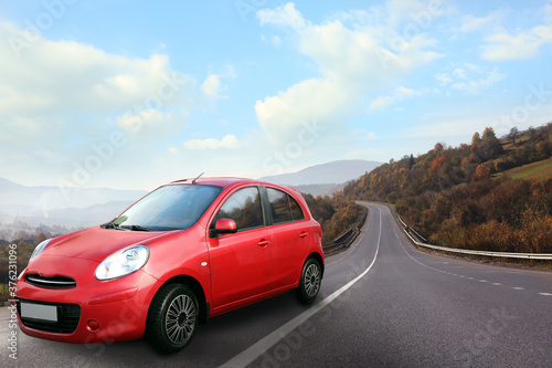 Road trip. Car driving on asphalt highway, space for text