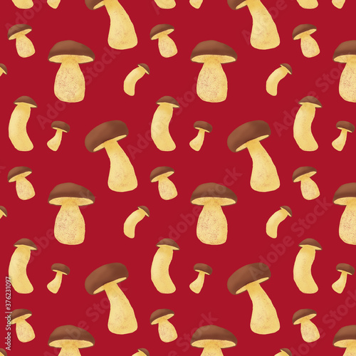 seamless pattern with porcini mushrooms on a red background