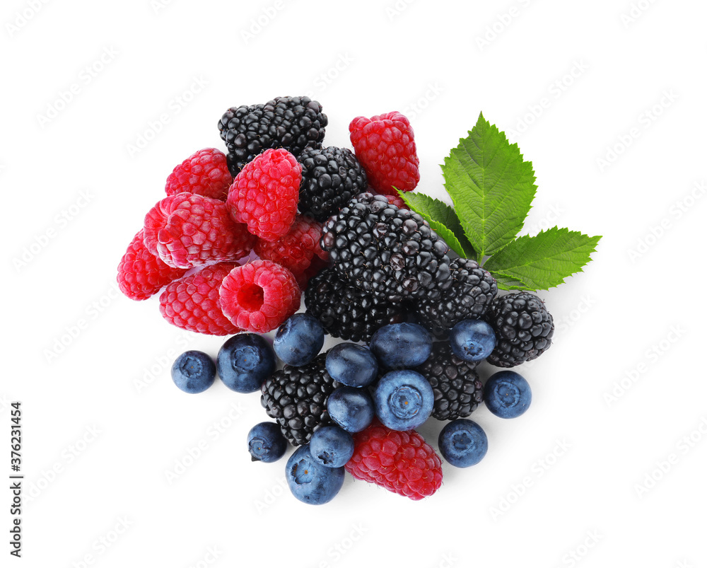 Mix of different fresh berries isolated on white, top view Mix of different fresh berries isolated on white, top view