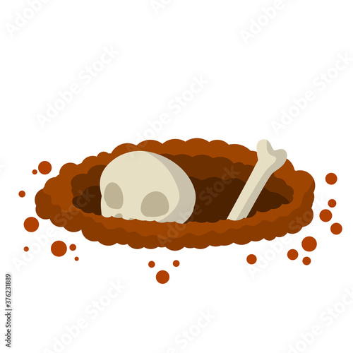 Hole in ground. Skull and bone of man in grave. Skeleton, burial and entombment. Scary element of Halloween. Cartoon flat illustration. Archaeology and excavations