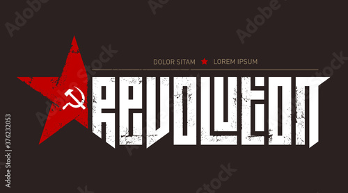 Viva the revolution. Long live the revolution.. Print on a t-shirt for people defending their rights. Illustration with red star and socialist symbols (hammer and sickle).