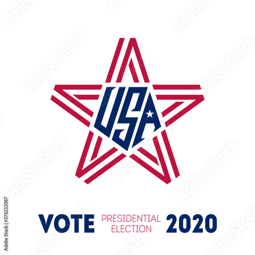 Presidential election 2020 in USA. Poster for Election day. Print of t-shirt for Political election campaign. Stylized star with american flag colors and symbols.