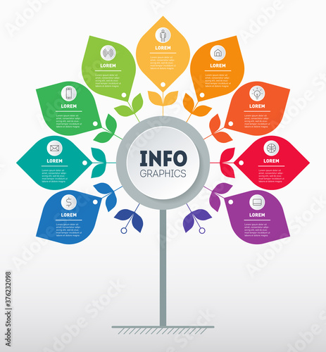 Business presentation concept with 9 parts and icons. Infographic in the form of a flower with petals. Template of stylized tree with leaves. Info graphic of technology or education process.