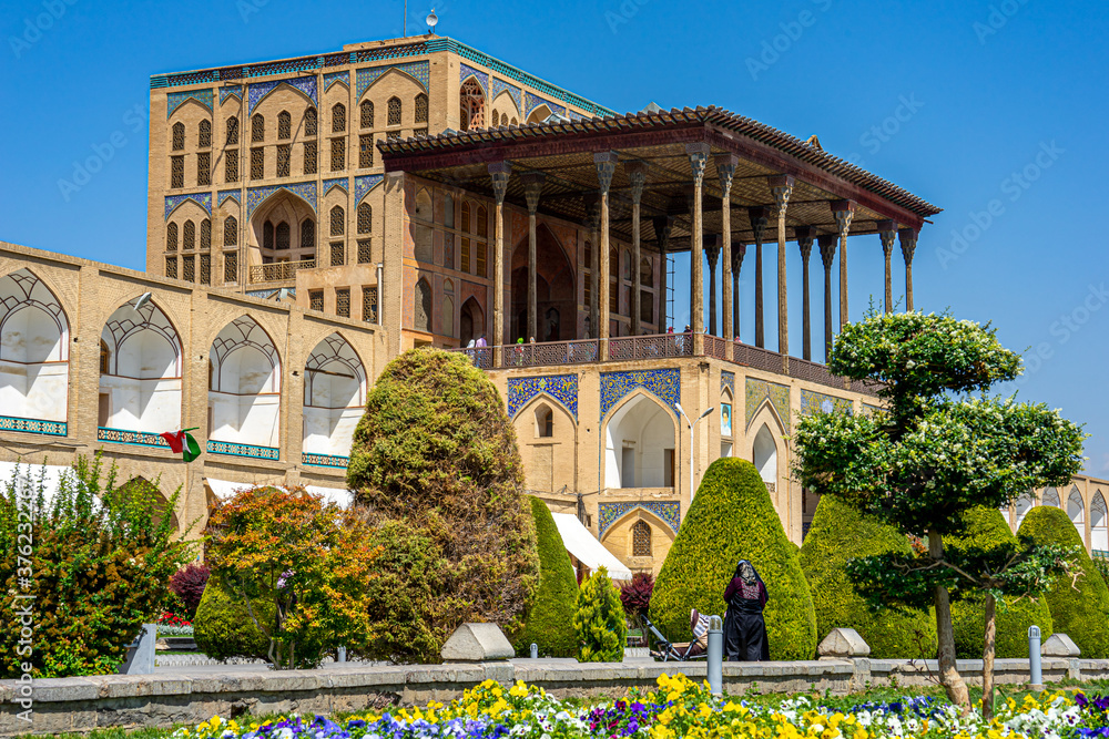 Iran, Ispahan, The Royal palace of Ali Qapu dominates the western side of Naqsh-e Iahan Square.