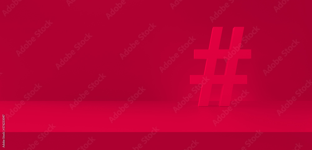 Obraz premium Hashtag symbol red in photography studio background. Trending topics, trends. 3d rendering.