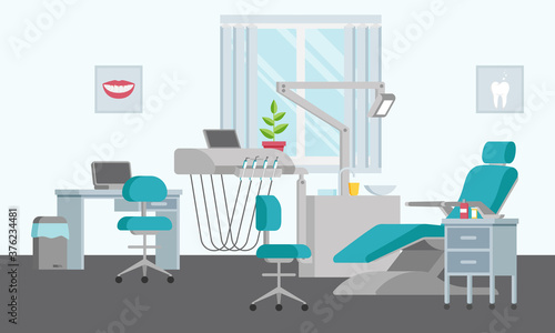 Concept of a dental unit with an adjustable chair  lamp  shelf  sink and window. Medical office in a flat style. Modern interior and equipment in the clinic. Posters on the walls. Vector illustration.