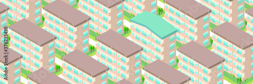 集合団地のイラスト（ヘッダーサイズ・ベージュの屋根と青い屋根）