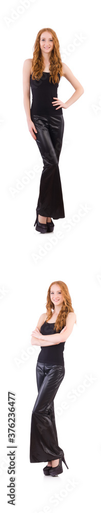 Redhead woman in black bell bottom pants on white Redhead woman in black bell bottom pants on white