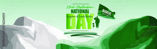 Vector illustration of Saudi Arabia national day, 23rd september, saudi arabia flag, soldier with rifle and helmet and airforce craft.