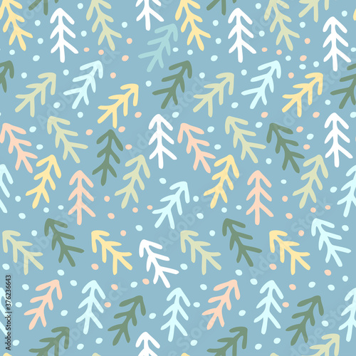 Vector seamless pattern colorful design of winter branch doodles in cold pastel