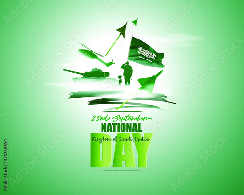 Vector illustration of Saudi Arabia national day, 23rd september, saudi arabia flag, soldier with rifle and helmet, army tank and airforce craft.