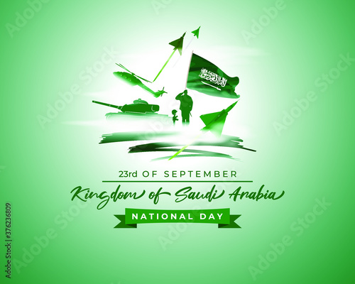 Vector illustration of Saudi Arabia national day, 23rd september, saudi arabia flag, soldier with rifle and helmet, army tank and airforce craft.