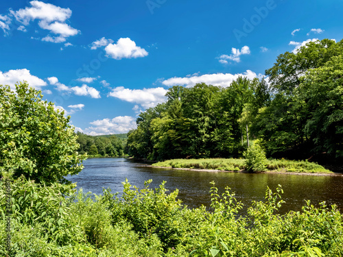 Clarion River in Cooks Forest State Park in Pennsylvania with green trees and a bright blue sky filled with white clouds.  Landscape scenic nature photo.