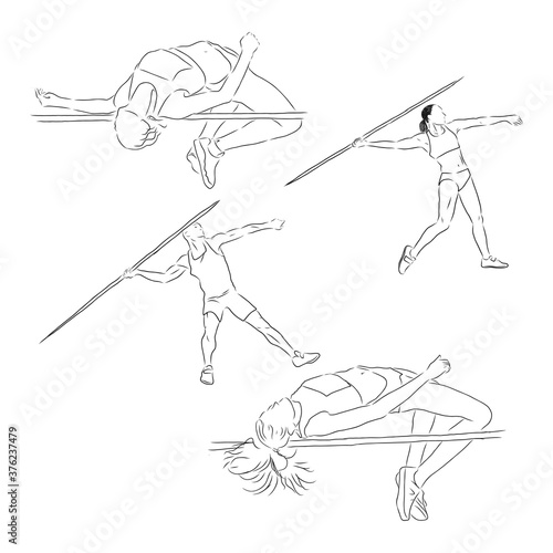 A collection of doodle art illustrations that includes the following sports track and field runner, track and field, runner, vector sketch illustration