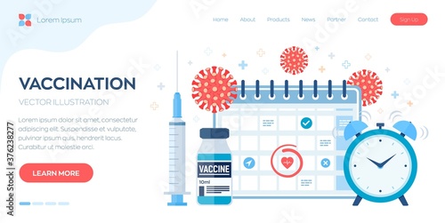 Time to vaccinate concept. Immunization campaign. Vaccine shot. Syringe with a vaccine bottle calendar and virus. Health care and protection. Medical treatment. Flat vector illustration.