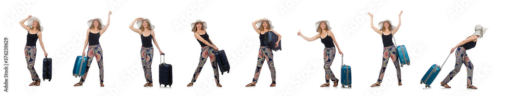 Woman ready for summer travel isolated on white Woman ready for summer travel isolated on white