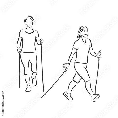 Continuous line drawing. A young woman walks on foot with walking sticks. Nordic walking, vector sketch illustration