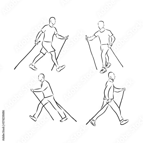 Continuous line drawing. A young woman walks on foot with walking sticks. Nordic walking, vector sketch illustration