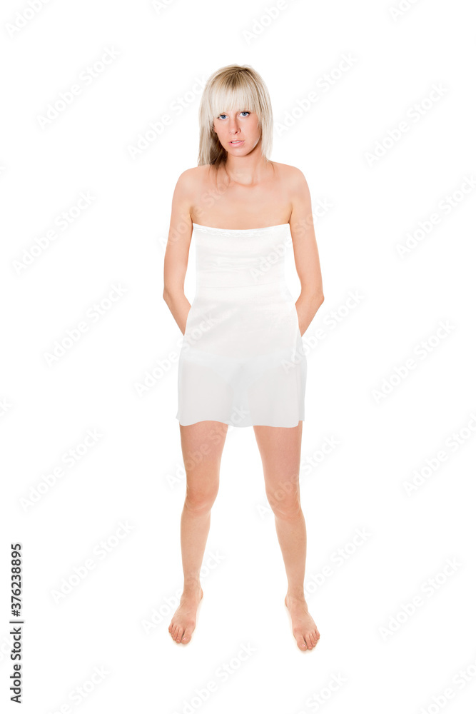 Full length portrait of an attractive blonde woman wearing a short summer dress, studio photo isolated in front of white background
Full length portrait of an attractive blonde woman wearing a short summer dress, studio photo isolated in front of white background