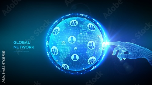 Global network connection. Concept of global business. Hand touching Earth globe world map point and line composition. Blue futuristic internet connection background. Vector Illustration.