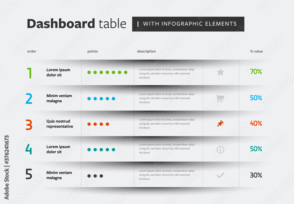 Infographic table layout with circle chart, clean and minimal template with vector shadow elements Infographic table layout with circle chart, clean and minimal template with vector shadow elements