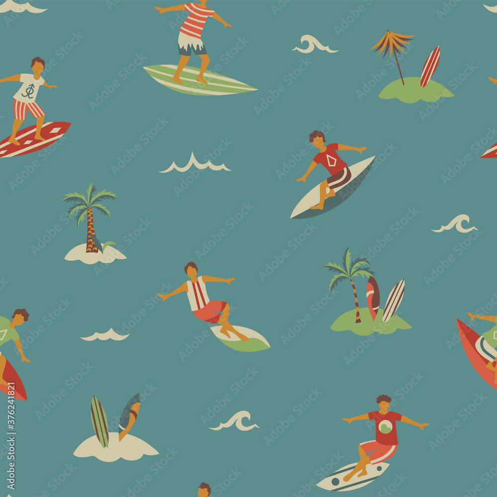 Surfers on sea waves seamless pattern in retro colors Surfers on sea waves seamless pattern in retro colors