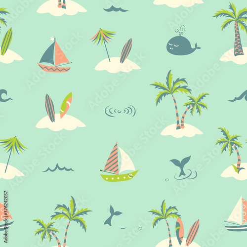 Sea summer seamless pattern with palm trees, boats and surfboards 