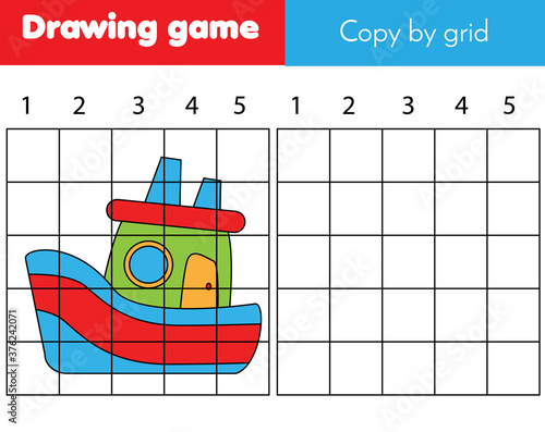 Copy picture by grid. Educational game for children and kids. Draw Ship boat