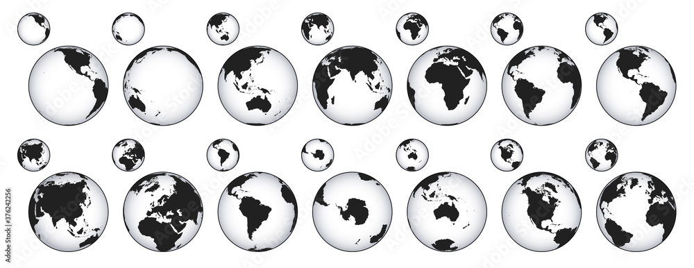 Globe map icon. Europe, africa, asia and america circle maps. Stencil earth sphere vector illustration set Globe map icon. Europe, africa, asia and america circle maps. Stencil earth sphere vector illustration set