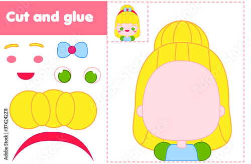 Cut and paste children educational game. Paper cutting activity. Make a princess with glue and scissors. DIY worksheet