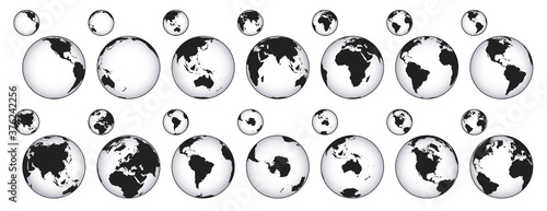 Globe map icon. Europe, africa, asia and america circle maps. Stencil earth sphere vector illustration set