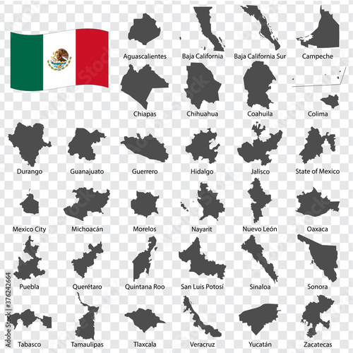 Thirty two Maps United Mexican States - alphabetical order with name. Every single map of state are listed and isolated with wordings and titles. United Mexican States. EPS10.