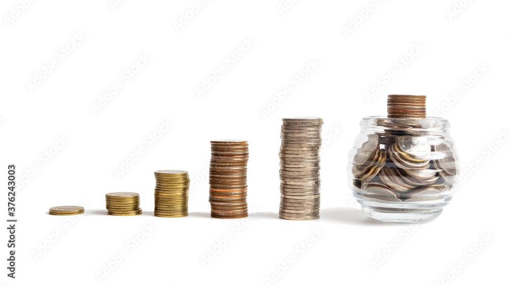 A collection of Thai baht coins on a white background and clipping path. This coin is denominated in Thai baht. Arrange the coins into a bar chart showing business and financial growth. A collection of Thai baht coins on a white background and clipping path. This coin is denominated in Thai baht. Arrange the coins into a bar chart showing business and financial growth.
