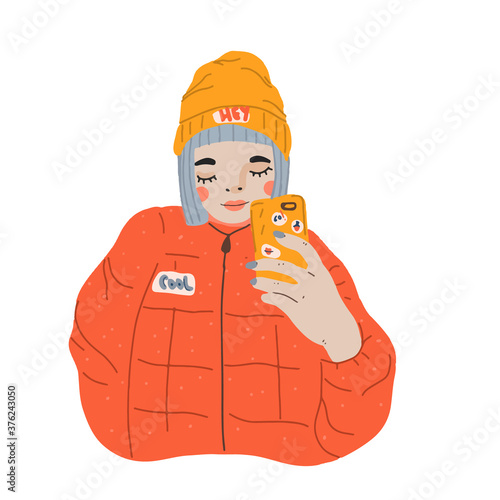 Cartoon girl making selfie with smart phone. Modern young female with phone. Vector flat illustration