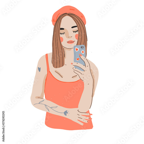 Cartoon girl making selfie with smart phone. Modern young female with phone. Vector flat illustration
