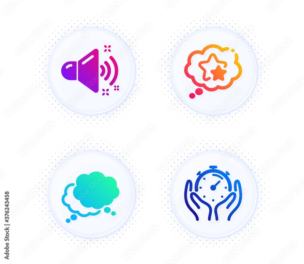 Loud sound, Ranking stars and Speech bubble icons simple set. Button with halftone dots. Timer sign. Music, Winner award, Chat message. Deadline management. Education set. Vector Loud sound, Ranking stars and Speech bubble icons simple set. Button with halftone dots. Timer sign. Music, Winner award, Chat message. Deadline management. Education set. Vector