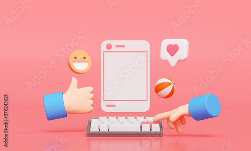 Social Media with photo frame, like button and cartoon hand on pink background illustration. 3D render photo