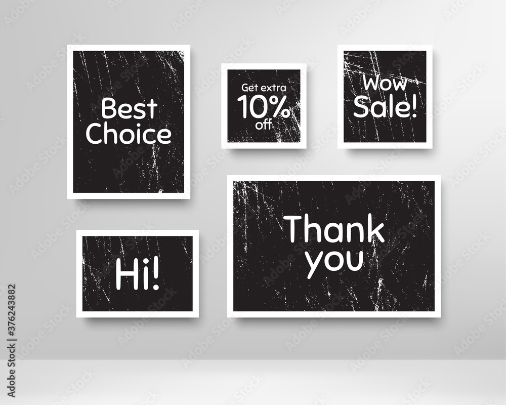 Wow sale, 10% discount and best choice. Black photo frames with scratches. Thank you phrase. Sale shopping text. Grunge photo frames. Images on wall, retro memory album. Vector