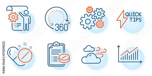 Graph, Windy weather and Quickstart guide signs. Settings blueprint, 360 degrees and Cogwheel line icons set. Medical pills, Medical prescription symbols. Outline icons set. Vector