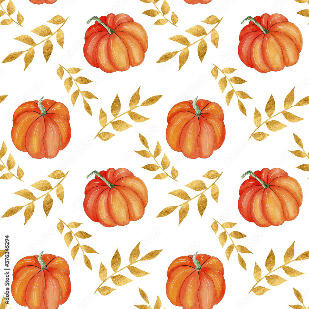 Seamless watercolor pumpkin pattern design,thanksgiving background.