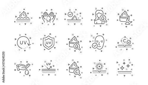 Collagen, Cream, Serum oil and Skincare. Skin care line icons. Face sun lotion gel, Uv protection, vitamin E icons. Face skin care cream protection. Linear set. Geometric elements. Vector