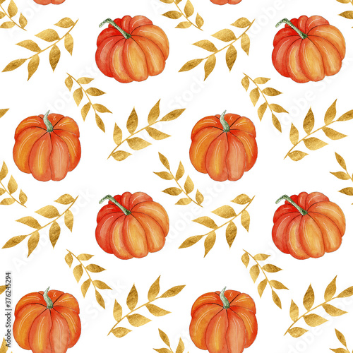 Seamless watercolor pumpkin pattern design thanksgiving background.