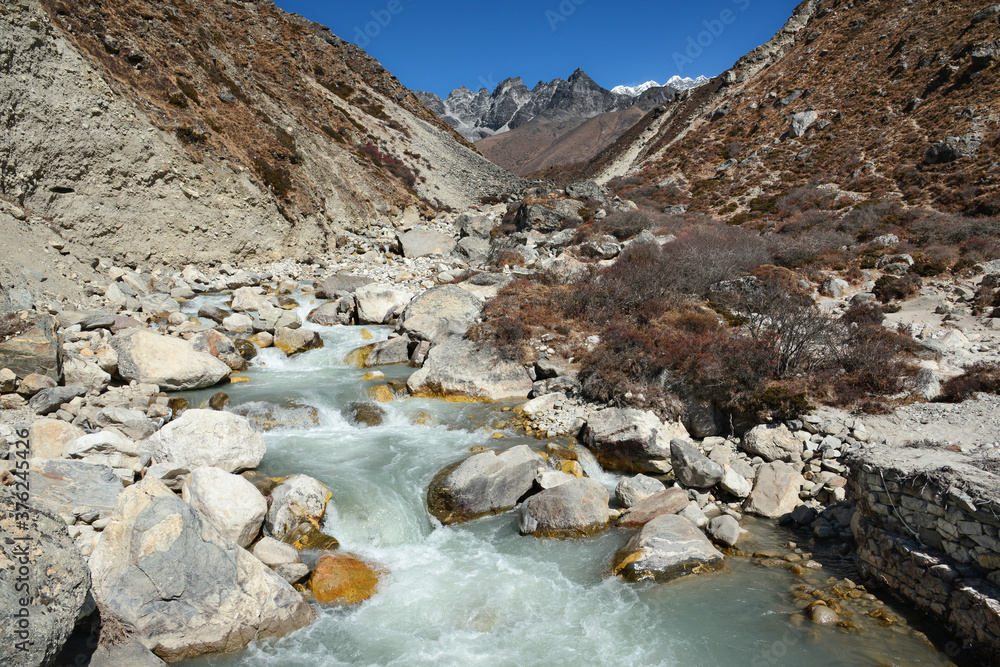 Meltwater from the Khumbu glacier flowing down the Lobuche Khola valley. Meltwater from the Khumbu glacier flowing down the Lobuche Khola valley.