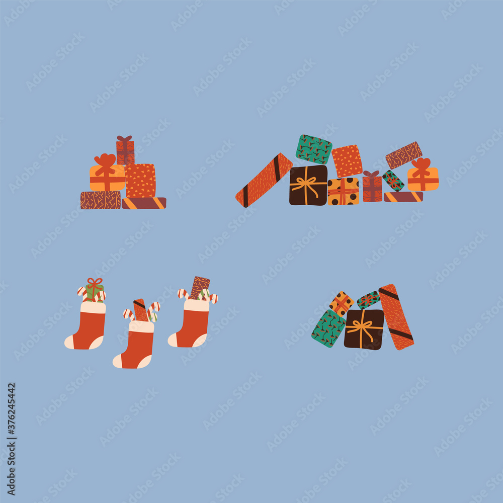 A set of boxes with gifts, preparing for the winter holidays. Gift packaging for new year and Christmas holidays. Flat cartoon vector illustration. Mountain of gifts, giving, holiday packaging. Vector A set of boxes with gifts, preparing for the winter holidays. Gift packaging for new year and Christmas holidays. Flat cartoon vector illustration. Mountain of gifts, giving, holiday packaging. Vector