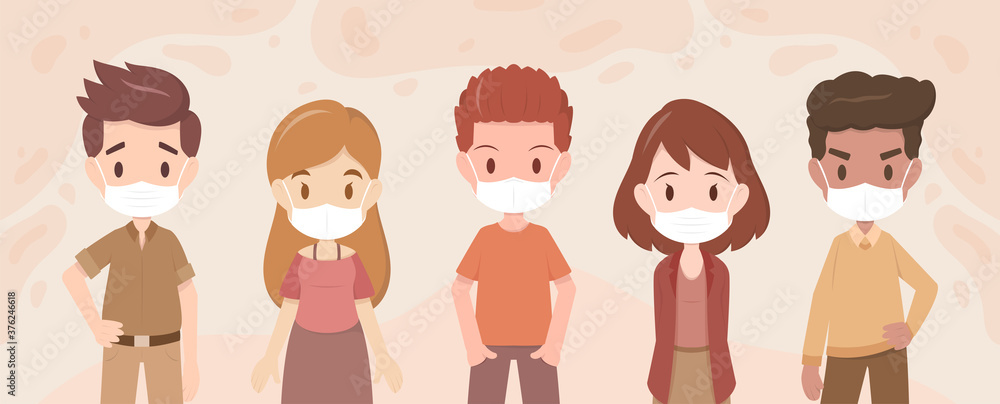 Group of people wearing face masks protection from virus, air pollution, smog, pollutant gas emission. Vector illustration. Group of people wearing face masks protection from virus, air pollution, smog, pollutant gas emission. Vector illustration.