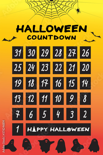Halloween countdown calendar. Autumn holiday advent. Gradient yellow and red background with numbers, cobwebs, ghosts and bats, vector. 