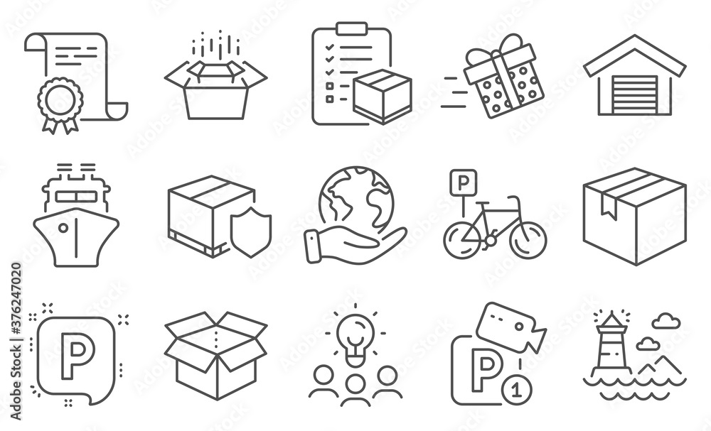 Set of Transportation icons, such as Ship, Lighthouse. Diploma, ideas, save planet. Parking garage, Bicycle parking, Open box. Present delivery, Packing boxes, Delivery insurance. Vector